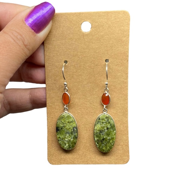 Jewelry - Serpentine & Carnelian Earrings Solid Sterling Silver 925 Dangle Drop Oval Green